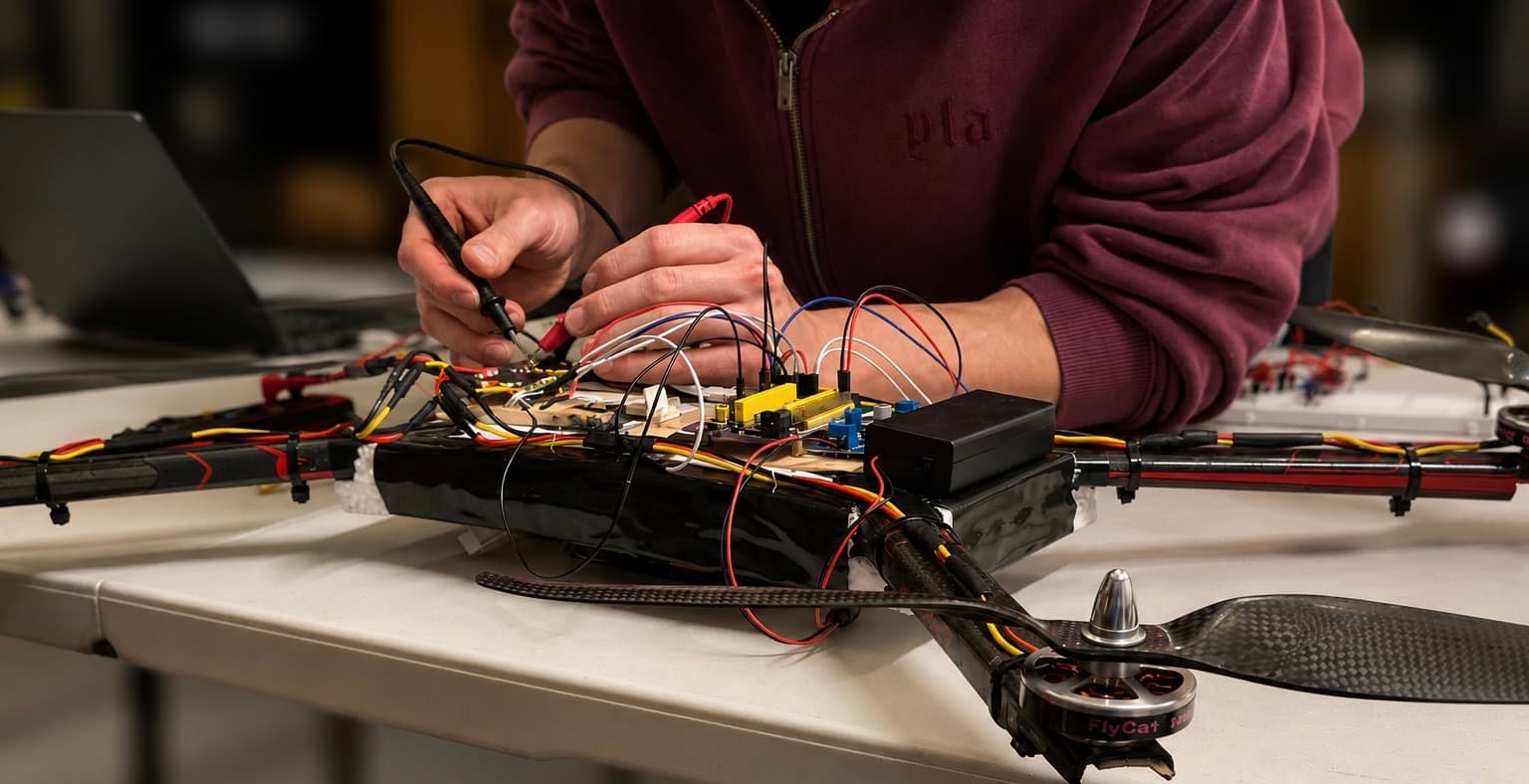 Custom-built drone on a workbench