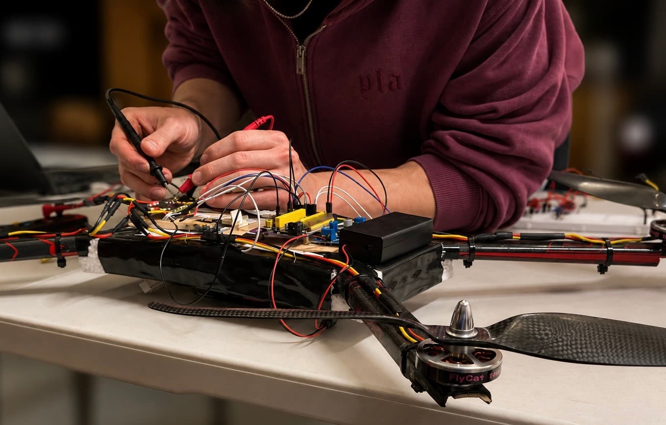Custom-built drone on a workbench